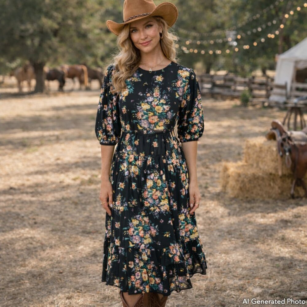 O'Neill Alta Floral Midi Dress XS Black Pink Prairie Cottagecore Western NWOT